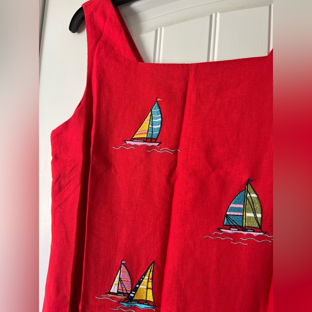 Vintage Ultra Red Sailboat Embroidered Linen Blend Sheath Dress Women’s Size 14 - Picture 3 of 14